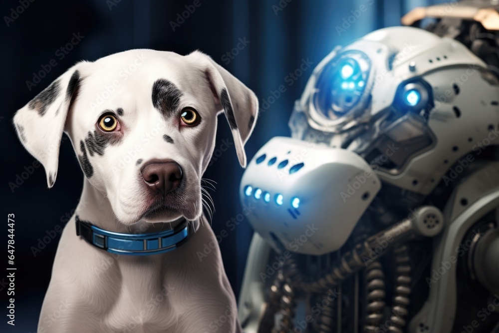 Poster a dalmatian dog standing next to a robot. generative ai.