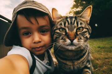 A young boy taking a selfie with a cat. Generative AI.