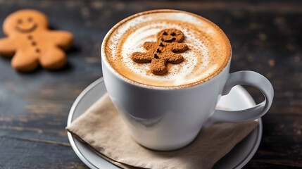Cappuccino with art foam and christmas gingerbread man on wooden background
