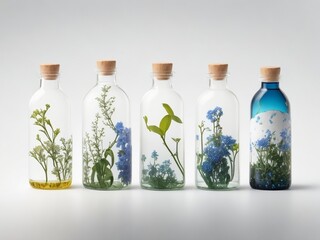 bottles with leaves and plants