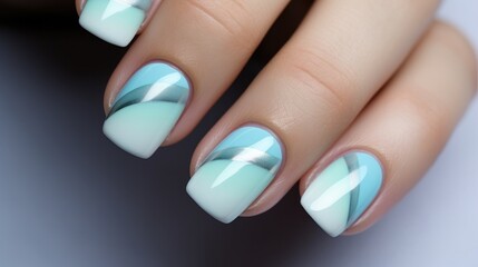 A woman's hand with a light blue manicure. A nail polish design. Generative AI.