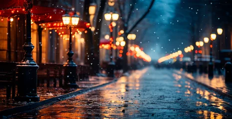 Fotobehang Night snowy Christmas American city Boston, New Year holiday, blurred background - AI generated image © BEMPhoto