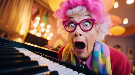 Funny elderly woman with surprised look playing the piano. Generative AI