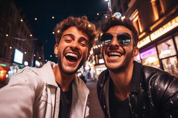 Obraz premium 2 male friends having fun on a night out