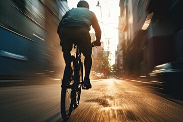 a man cyclist riding a bicycle at high speed in city street with motion blur - obrazy, fototapety, plakaty