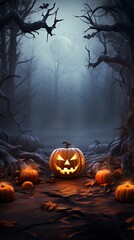 Halloween with pumpkin ghosts and a haunted house with a moon background, very scary, generative ai