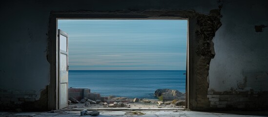 Ocean view from a damaged doorway