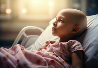 Cancer patient, healthcare service, hand for empathy, love and healing in hospital bed concept. Sad little child toddler girl sick kid in medical care bed bald after course of chemotherapy treatment - obrazy, fototapety, plakaty