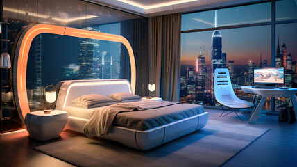 Futuristic Comfort: Sleek Bedroom Overlooking the Cityscape at Night - obrazy, fototapety, plakaty