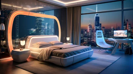 Deurstickers Futuristic Comfort: Sleek Bedroom Overlooking the Cityscape at Night © Franklin