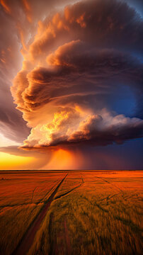 Majestic Supercell Cloud Formation Over Golden Fields at Dusk