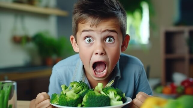 Little Boy Showing Disgust And Being Fussy About Dinner With Vegetables. Unhappy Child. Picky Eater Making Facial Expression. Generative AI