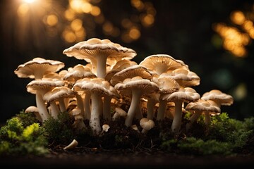 Group of oyster mushrooms on black background. ai generative - obrazy, fototapety, plakaty