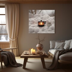 Coffee cup and towel on the table in front of fireplace, in the style of photo-realistic landscapes