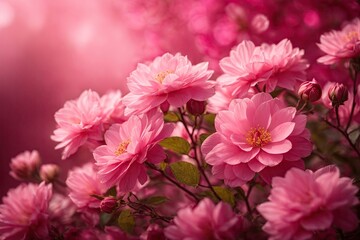 Pink flowers on a pink background bokeh light. ai generative