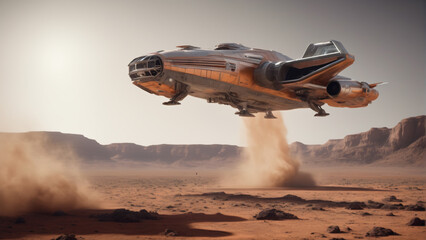 Spaceship on Mars like planet. Highly detailed and realistic concept design illustration