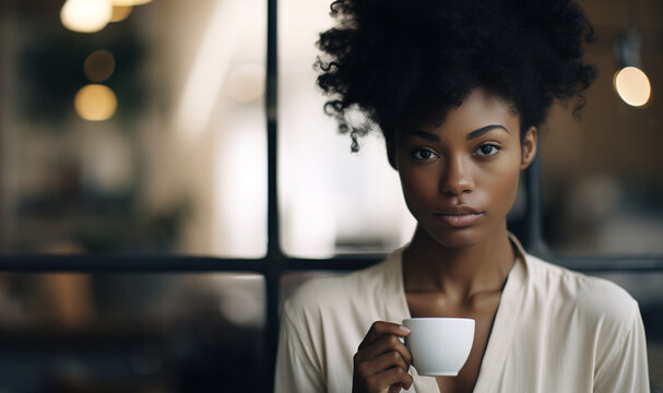 Beautiful Young Black Woman Drinking Coffee