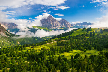 A vibrant depiction of the Sassolungo Massif and Gardena Valley in Dolomite Alps, Italy. The...