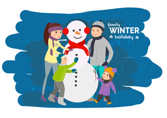 Family winter Holidays, rodzinne zabawy zimowe, kartka, ilustracja - obrazy, fototapety, plakaty