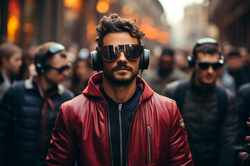  Modern technologies and futuristic life, digital addiction concept. Crowd of citizens making normal life wearing VR headset in city. People walking with virtual reality googles glasses on the street - obrazy, fototapety, plakaty