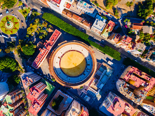 Bullring, bull ring building aerial panoramic view, Malaga