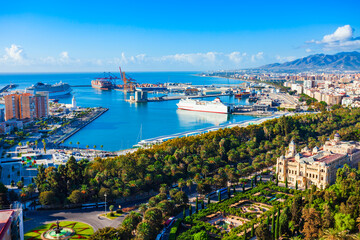 Malaga city aerial panoramic view in Andalusia, Spain - obrazy, fototapety, plakaty