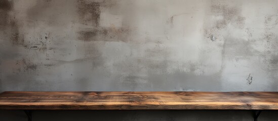 Products and objects placed on empty wooden tables or shelves against a concrete wall background