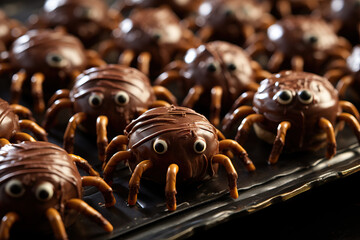 Creepy spider pastries: An image of pastries shaped like spiders, with a chocolate body and licorice legs. - Powered by Adobe