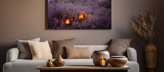 Interior design with scented candles and sofa adorned with oils