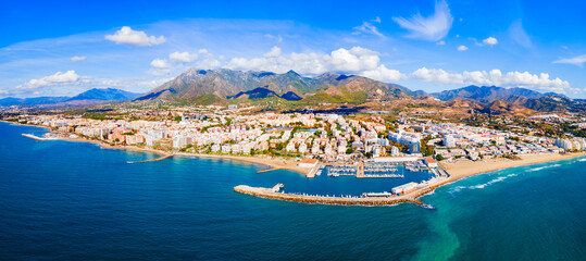 Marbella city port and beach aerial panoramic view - obrazy, fototapety, plakaty