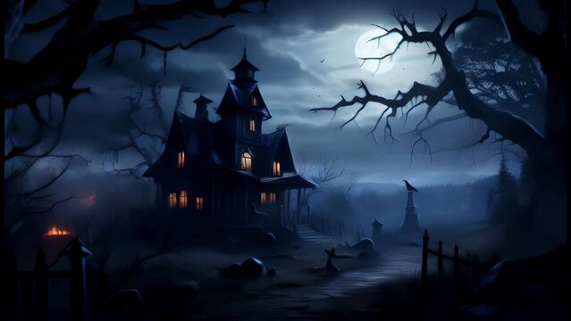 Halloween Haunted Abandoned House Full Moon on a Dark Night, Scary Creepy, Generative AI