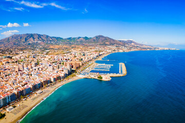 Fuengirola city beach and port aerial panoramic view