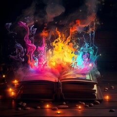 Colorful magic book with a colorful spell on it, in the style of photorealistic fantasies