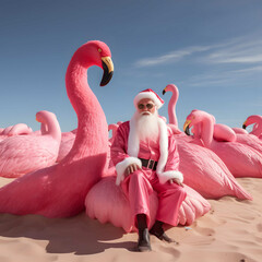 Big inflatable flamingo with santa claus in enjoying on the beach. Abstract pastel pink creative concept on sand.. Happy New year.