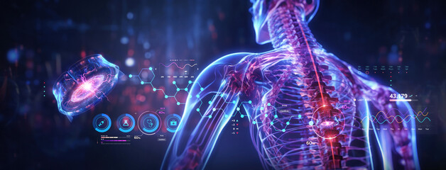 futuristic medical research of back spine back, spine, herniated disk pain health care with diagnosis vitals infographic biometrics for clinical and hospital x-ray and chiropractic treatment services