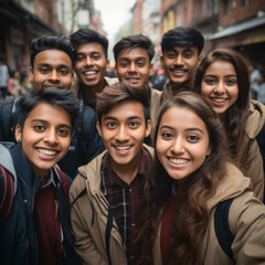 selfies of a group of indian adolescent boys and girls - obrazy, fototapety, plakaty