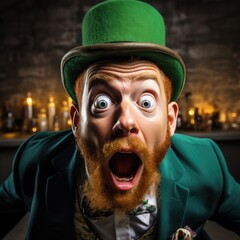Funny Leprechaun with an astonished and surprised look. Generative AI