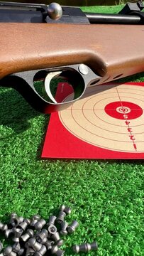 air rifle for training with its target and its pellets on the grass