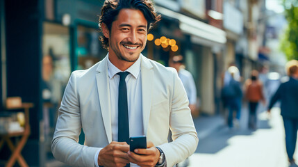 casual asian businessman outdoor on street holding a handy smiling 