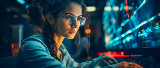 close up of a woman programmer at work - obrazy, fototapety, plakaty
