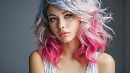Fototapeta premium hair style with two colors in blonde an pink at a young woman