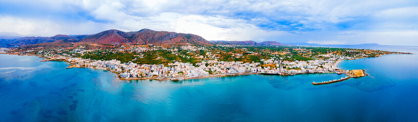 Fototapeta premium Hersonissos town aerial panoramic view in Crete, Greece