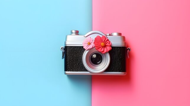 Floral composition with colorful flowers and old camera on pastel background. Retro Valentine's Day or 8 March background.