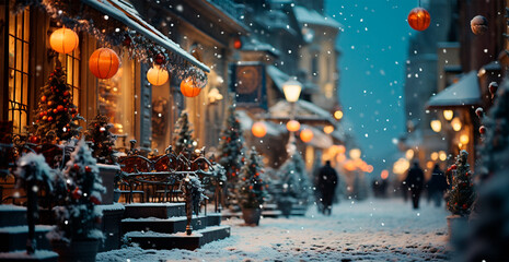 Night snowy Christmas Italy, New Year holiday, blurred background - AI generated image