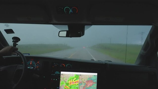 Driving Through Heavy Rain Inside View Of Storm Chaser Vehicle