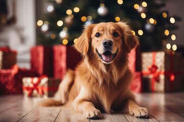 Cute golden retriever dog on carpet. Family relax time. Winter Christmas holidays. Atmospheric...