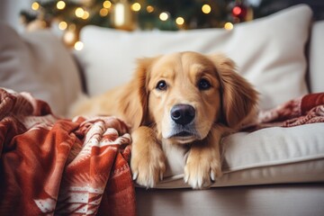 Cute golden retriever dog on carpet. Family relax time. Winter Christmas holidays. Atmospheric moments lifestyle - obrazy, fototapety, plakaty