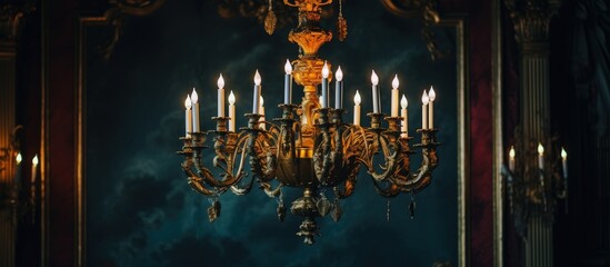 Italian antique chandelier with gold candlesticks set against a painted ceiling background - obrazy, fototapety, plakaty