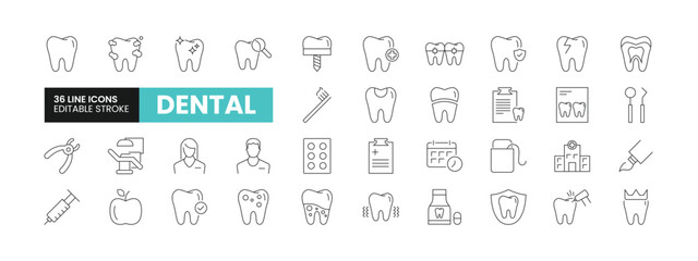 Set of 36 Dental line icons set. Dental outline icons with editable stroke collection. Includes Dentist, Teeth, Treatment, Clinic, Braces and More. - obrazy, fototapety, plakaty