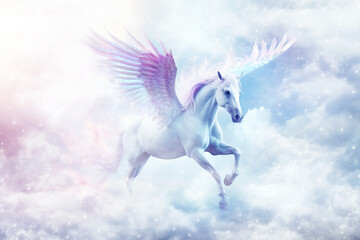 Obraz na płótnie Canvas Majestic Pegasus Horse Flying Above Clouds